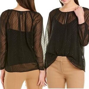 J.Crew Point Sur Pin Dot Chiffon Popover Blouse Black Sheer Top Size Large